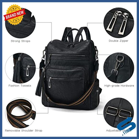 Faux Leather Convertible Backpack Purse with Luggage Strap, 9 Pockets
